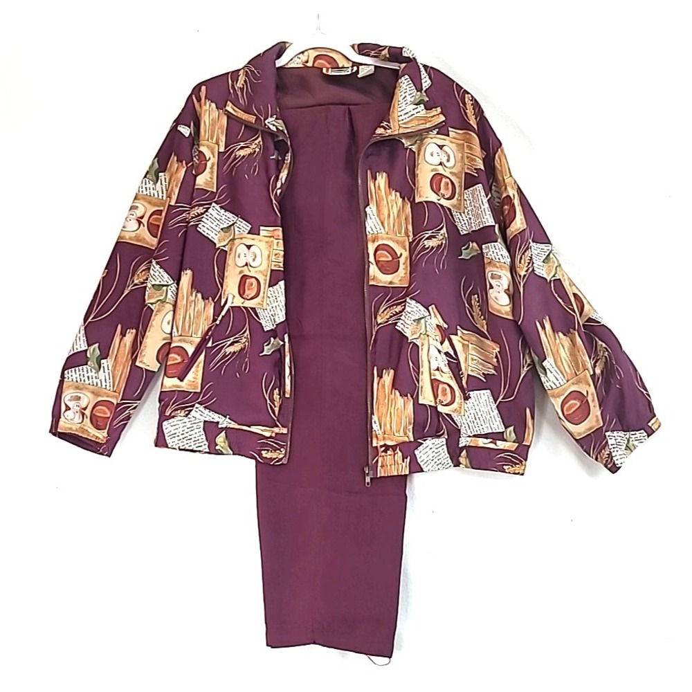 Vintage EVR 100% Silk Track Suit Womens L Zip Up Apple Bomber‎ Jacket Pants 80s